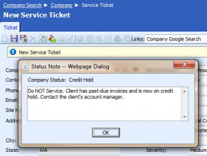 Company Status - Credit Hold Pop-up