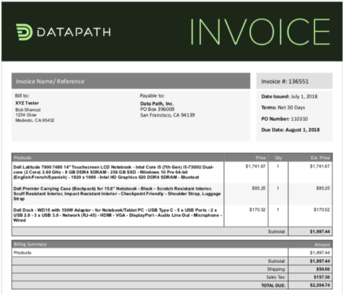 Datapath invoice mock-up