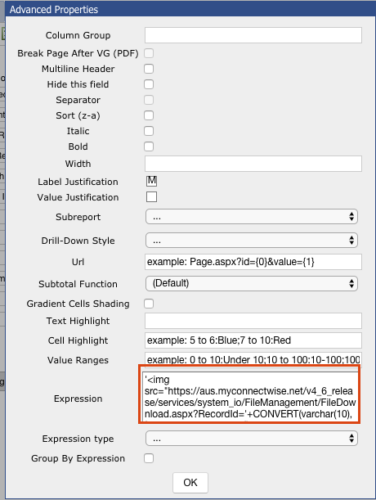 Advanced field properties showing SQL code for Adding ConnectWise Attachments to Reports