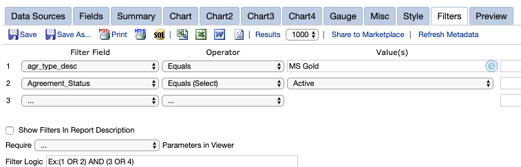 Report Writer Filters tab screenshot with 2 filters