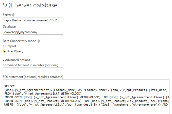 Power BI SQL import screenshot