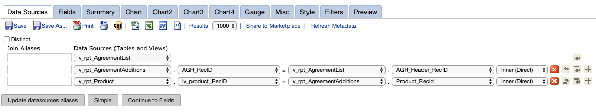Report Writer Data sources screenshot with various agreement/product views selected
