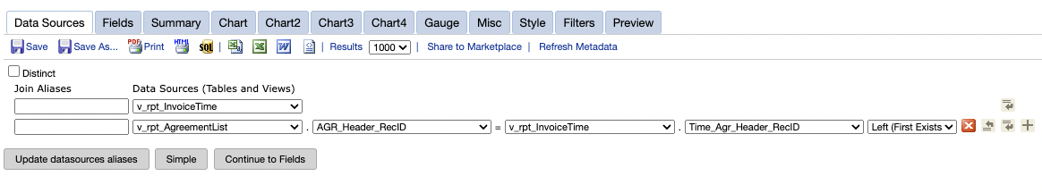 Data Sources Setup for Agreement Hours Summary report (v_rpt_InvoiceTime LEFT joined to v_rpt_AgreementList on agr_header_recid = time_agr_header_recid)