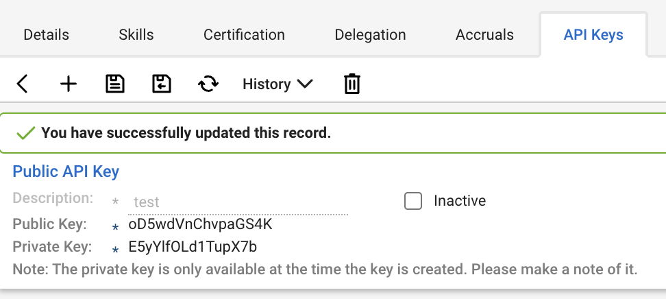 ConnectWise API Keys tab showing a new public and private key