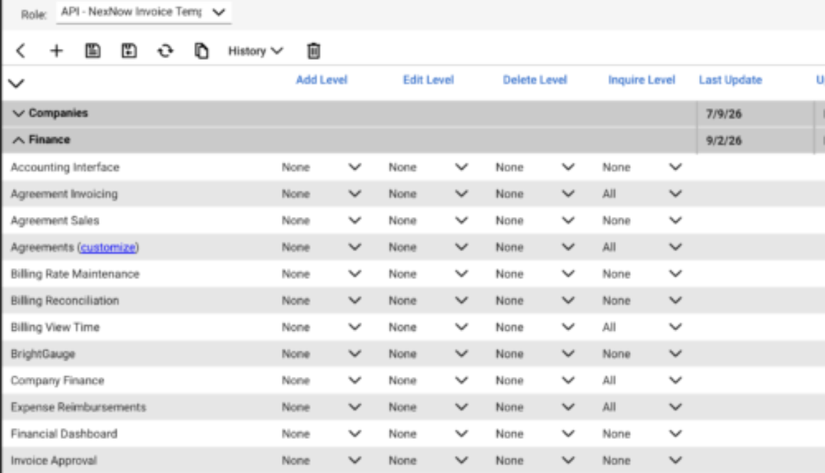 ConnectWise security role with Inquire access set to All on invoicing modules