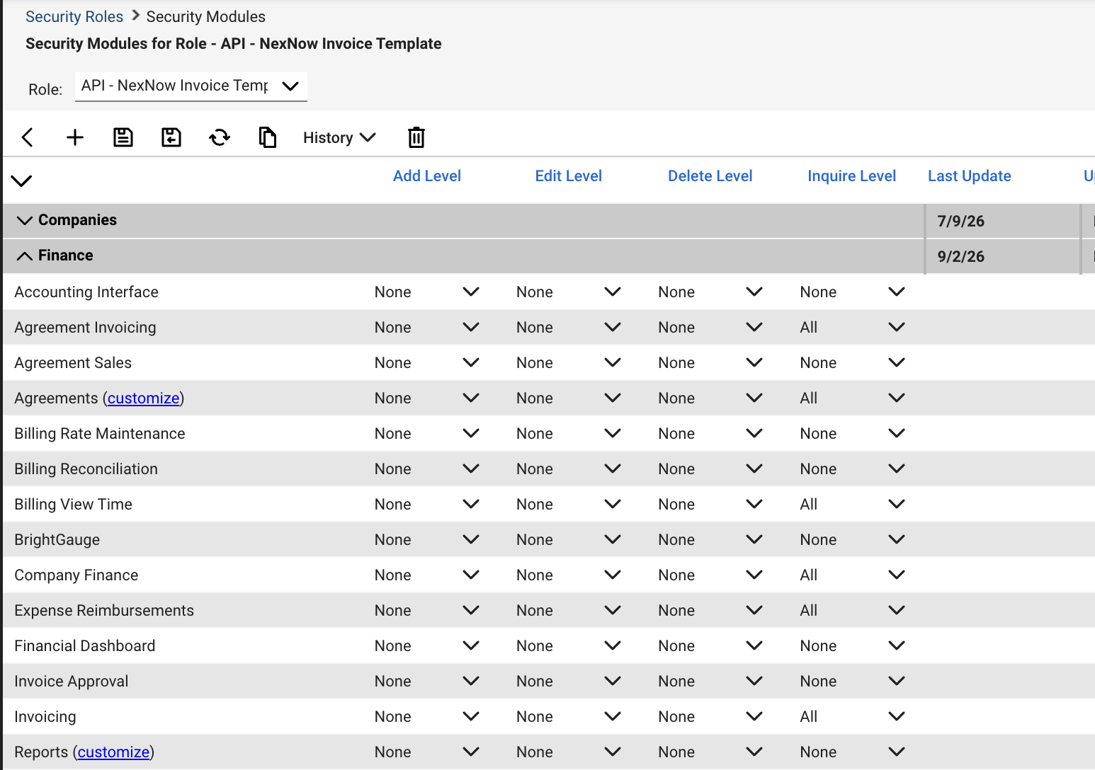 ConnectWise security role with Inquire access set to All on invoicing modules