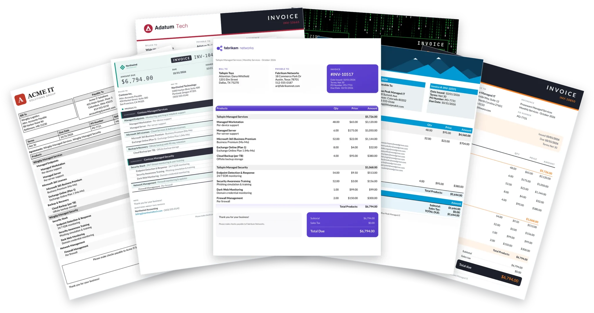 Examples of custom ConnectWise invoice templates from NexNow Hosted Invoices