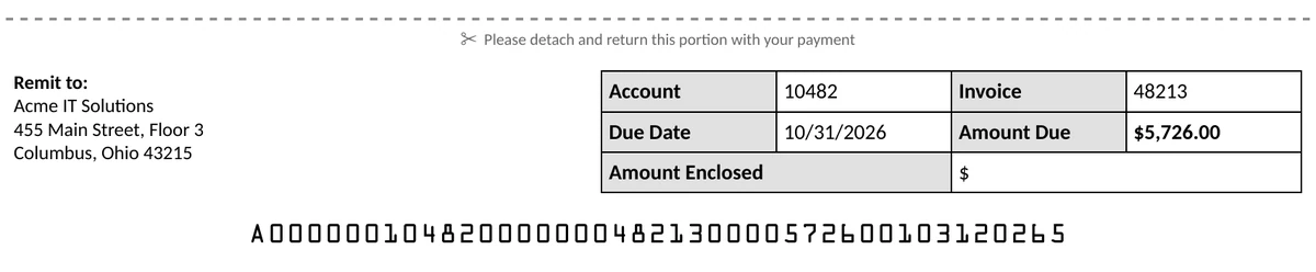 Invoice remittance stub with a lockbox scan line printed in OCR-A