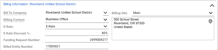 ConnectWise agreement Billing Information section with E-Rate, E-Rate Discount %, Funding Request Number and Billed Entity Number custom fields filled in, shown with sample data