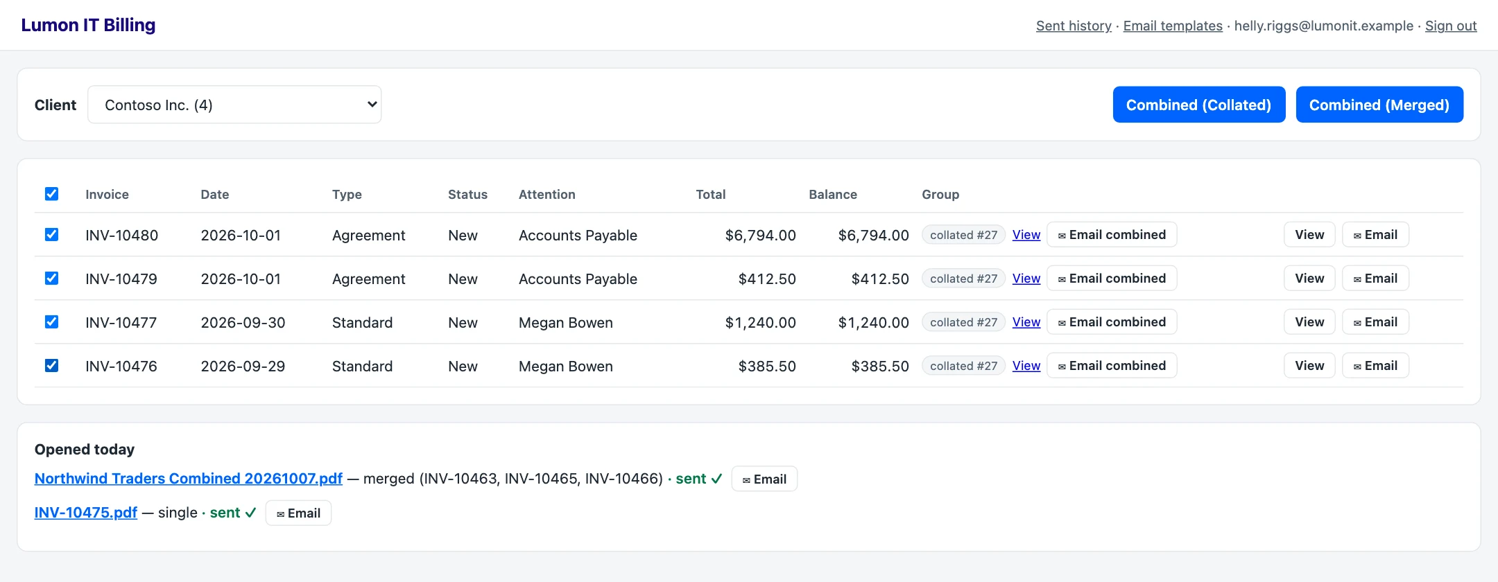Open ConnectWise invoices in the billing portal with four selected as a combined set, shown with sample data