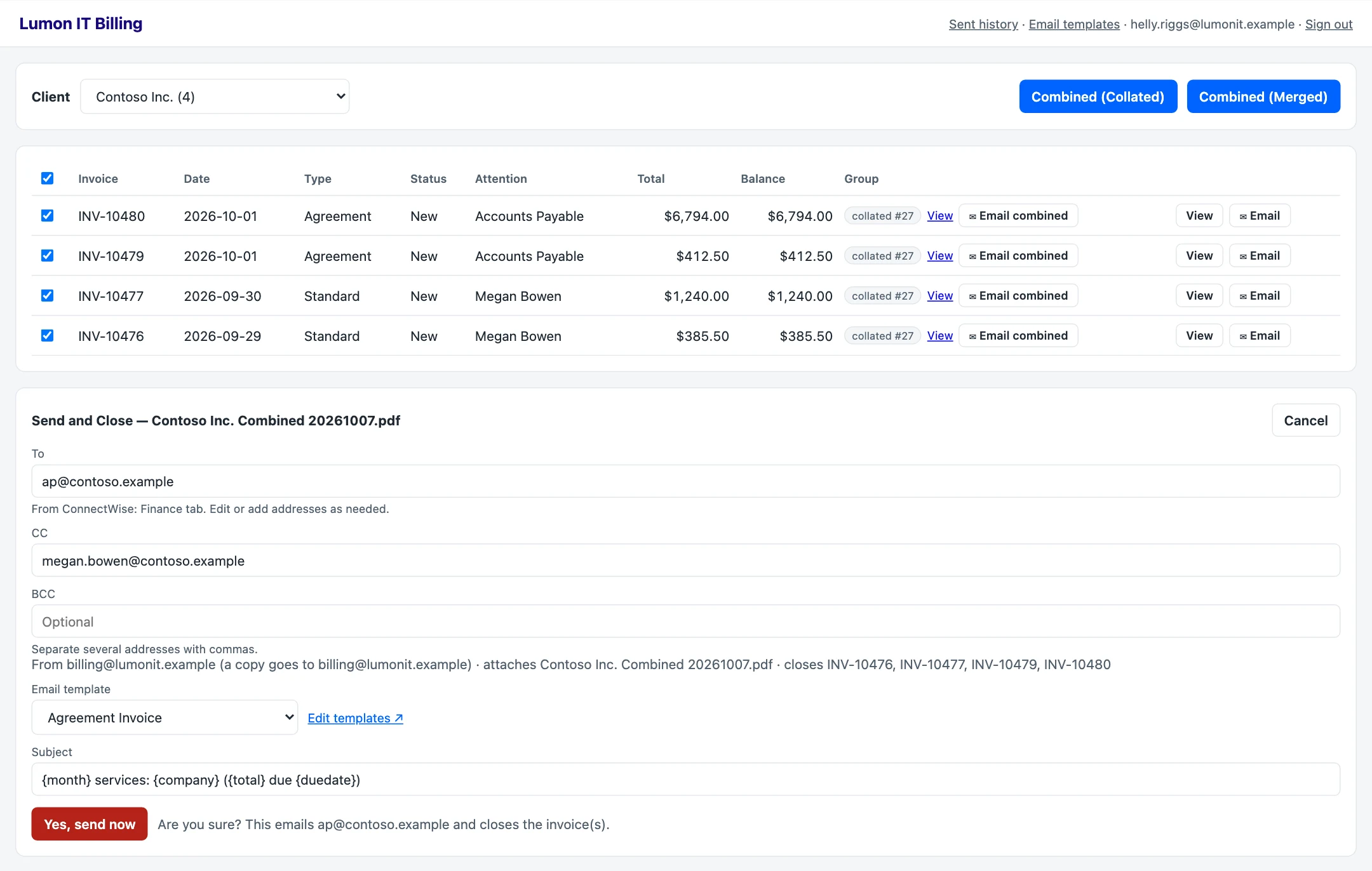 Send and Close panel in the billing portal, shown with sample data
