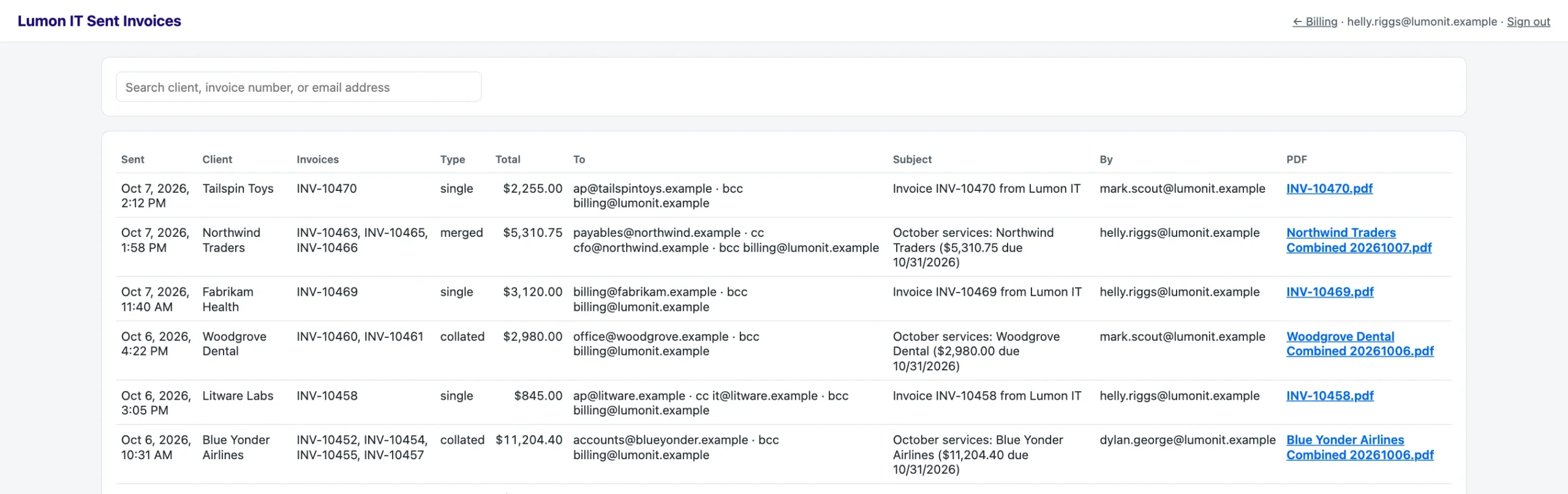 Sent history in the billing portal, shown with sample data