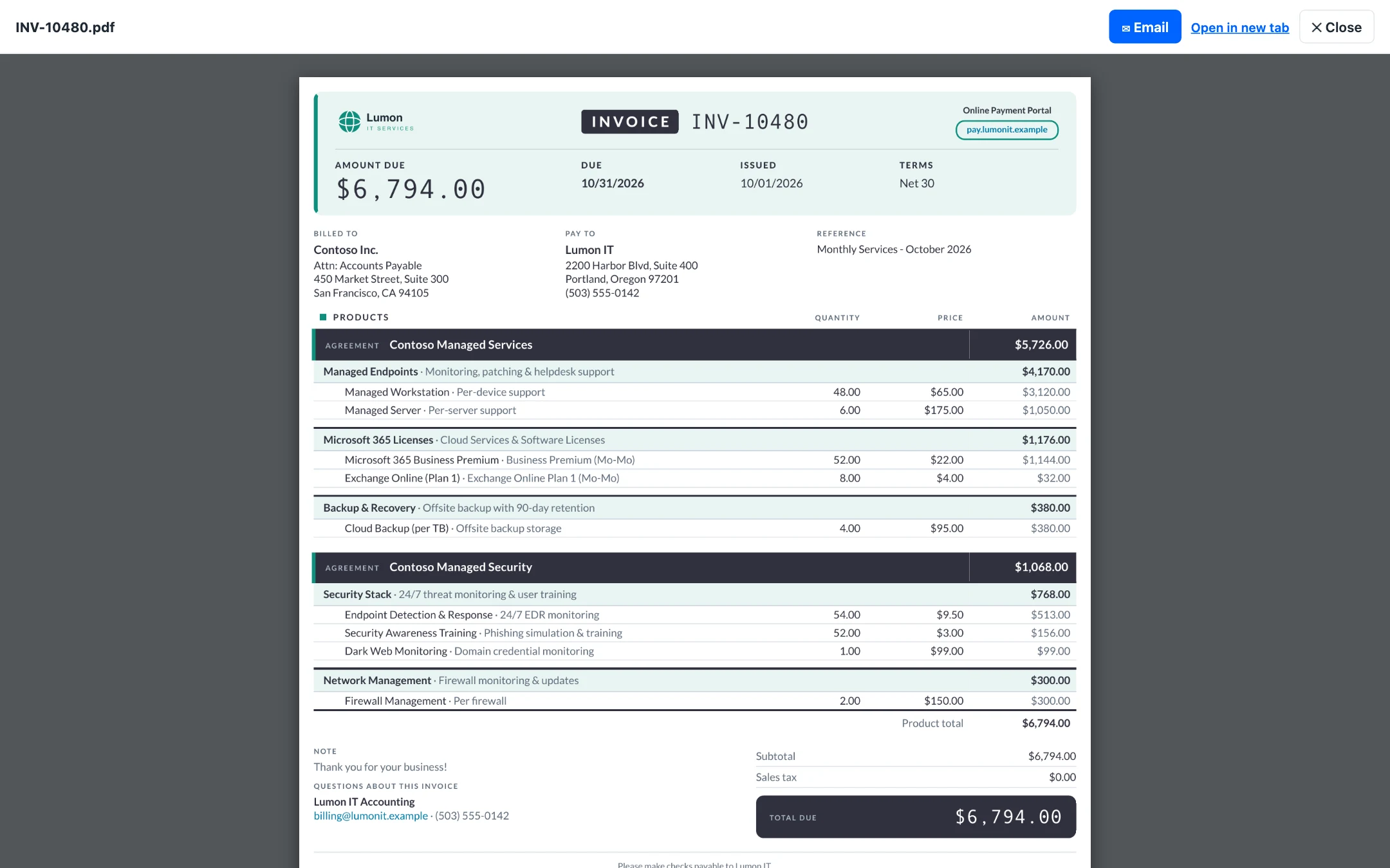 Invoice PDF opened in the billing portal viewer, shown with sample data