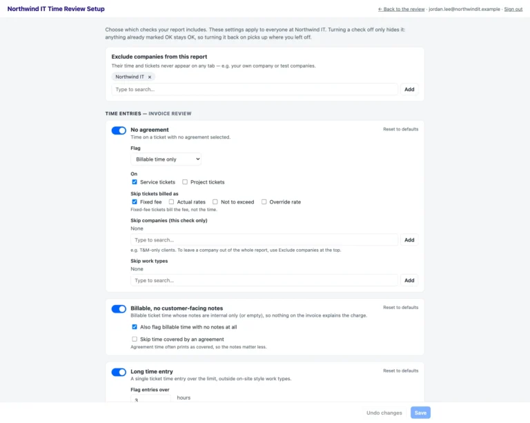 Ticket and time review setup page where checks are turned on and limits are set