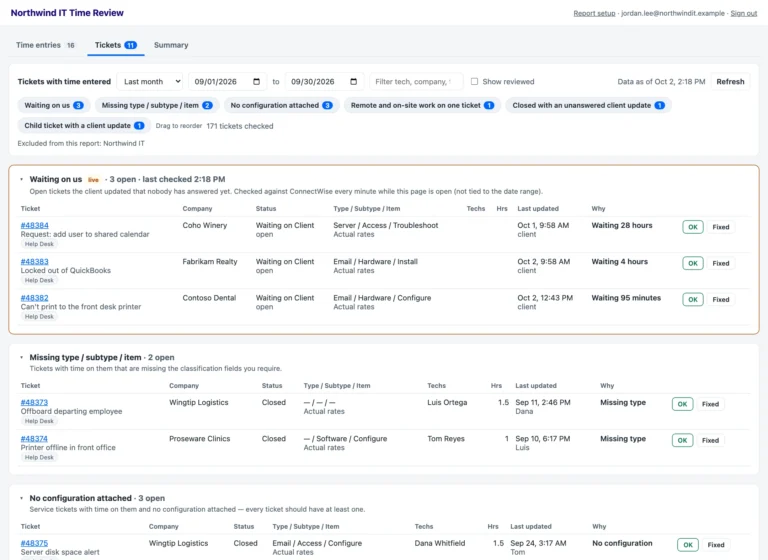 Ticket review: live list of tickets waiting on a response and tickets missing type or configuration