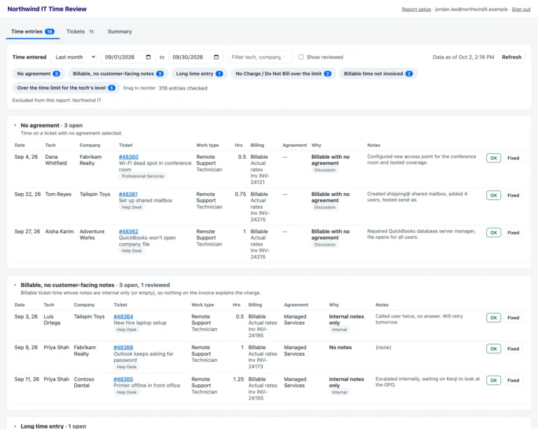 Time review: time entries flagged for no agreement and internal-only notes