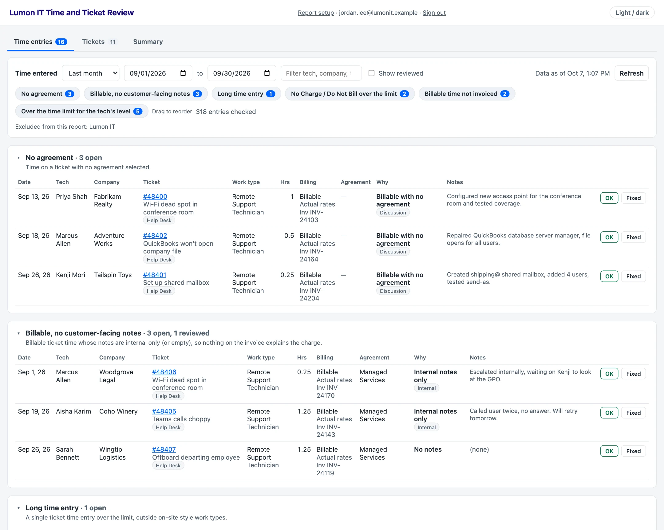 Time and Ticket Review listing flagged time entries, shown with sample data