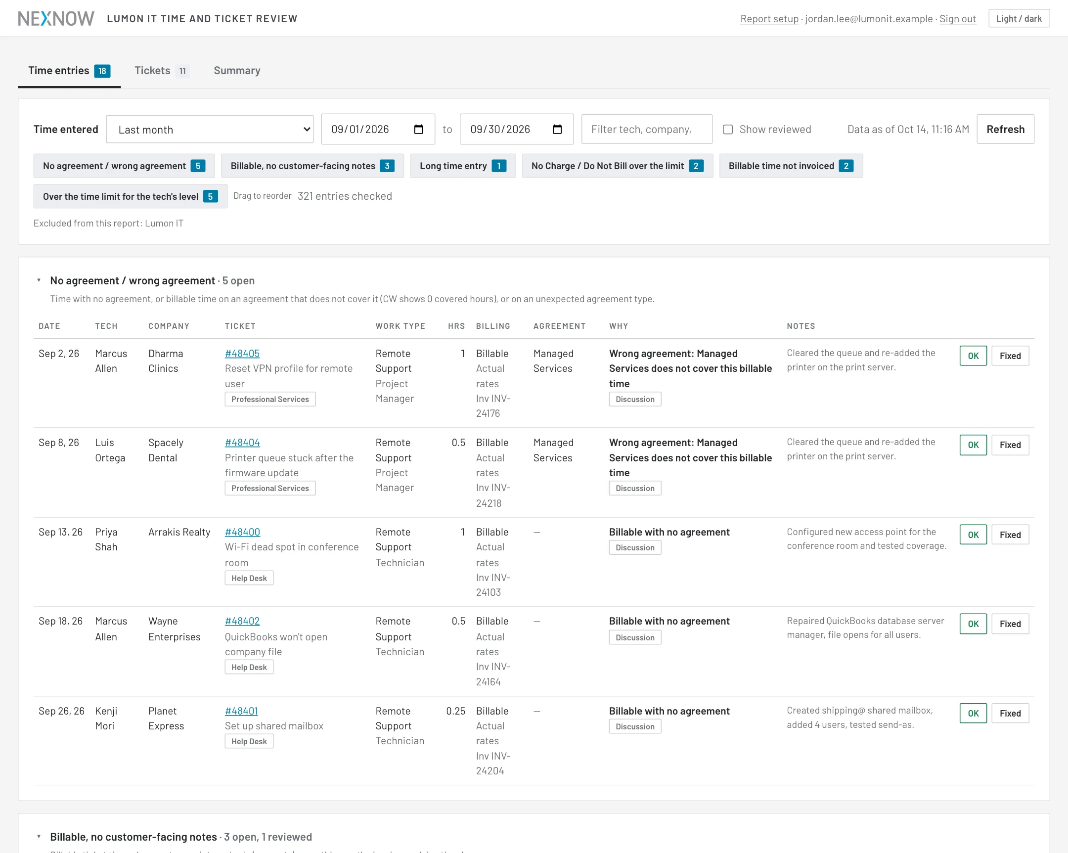 Time Review report listing time entries flagged for missing agreements, missing notes or entries over a limit, shown with sample data