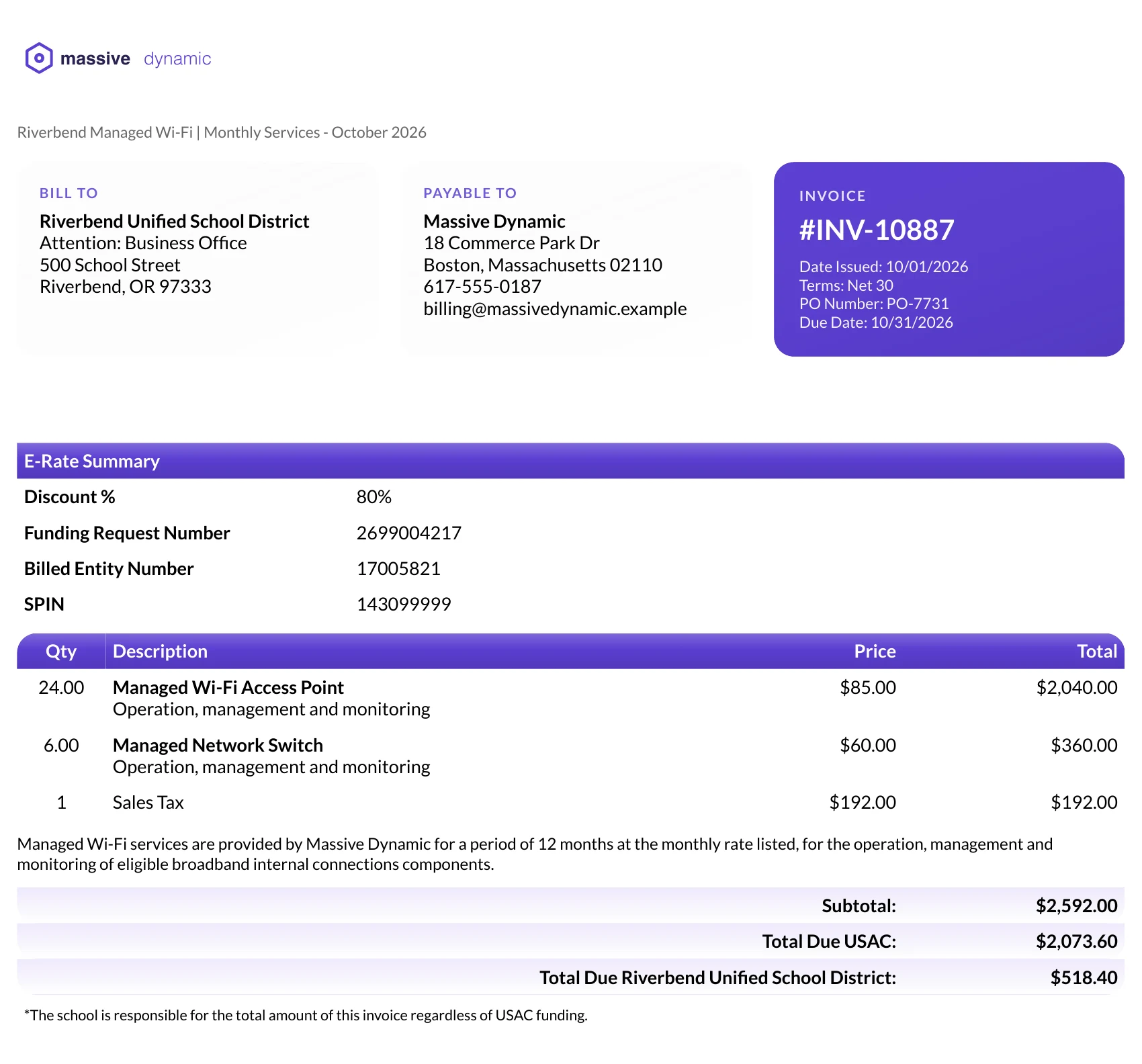 E-Rate invoice for a school district with discount, funding request and billed entity details and the split between USAC and the school, shown with sample data