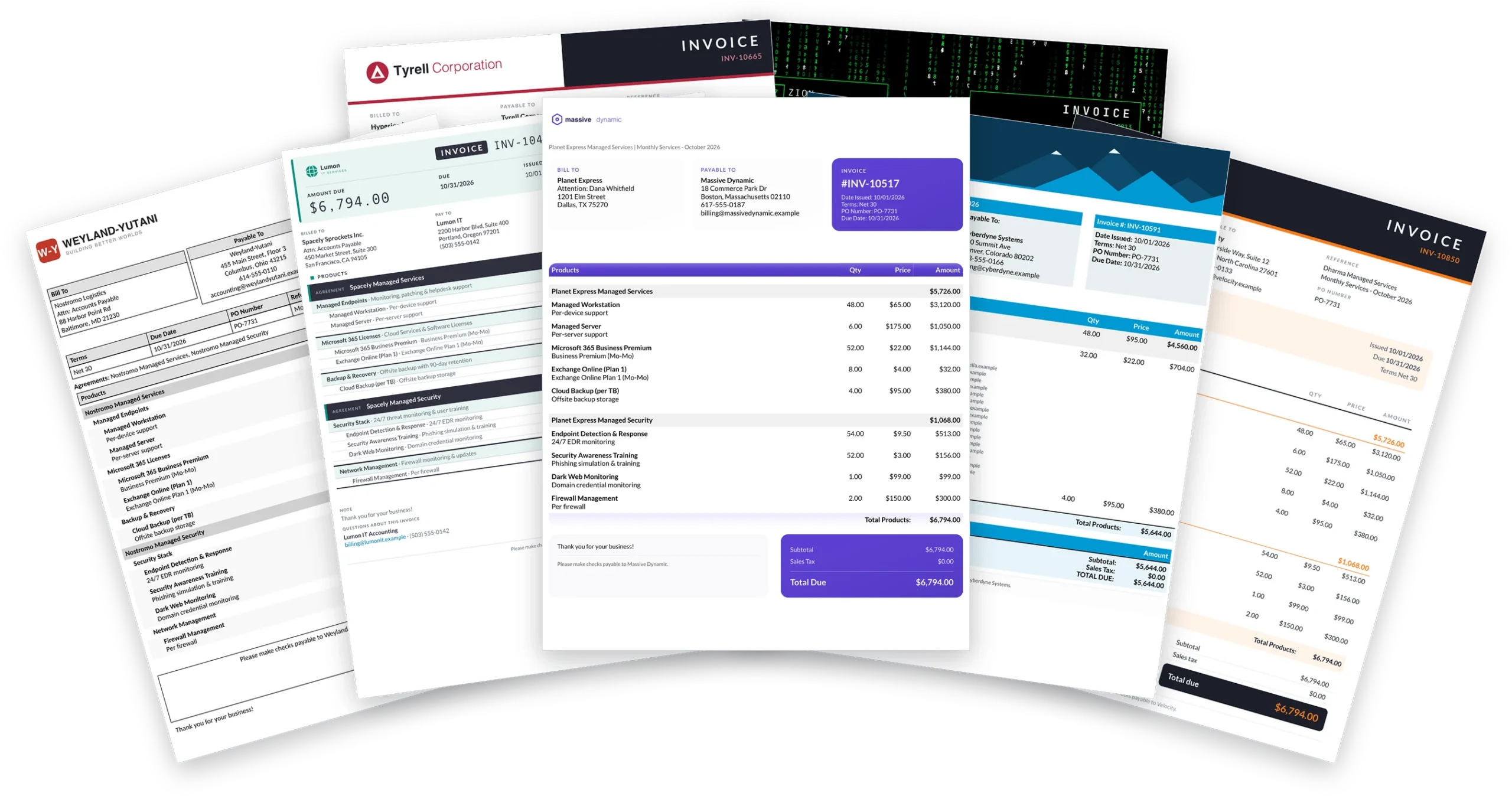 A fan of different invoice designs built for MSPs, shown with sample data