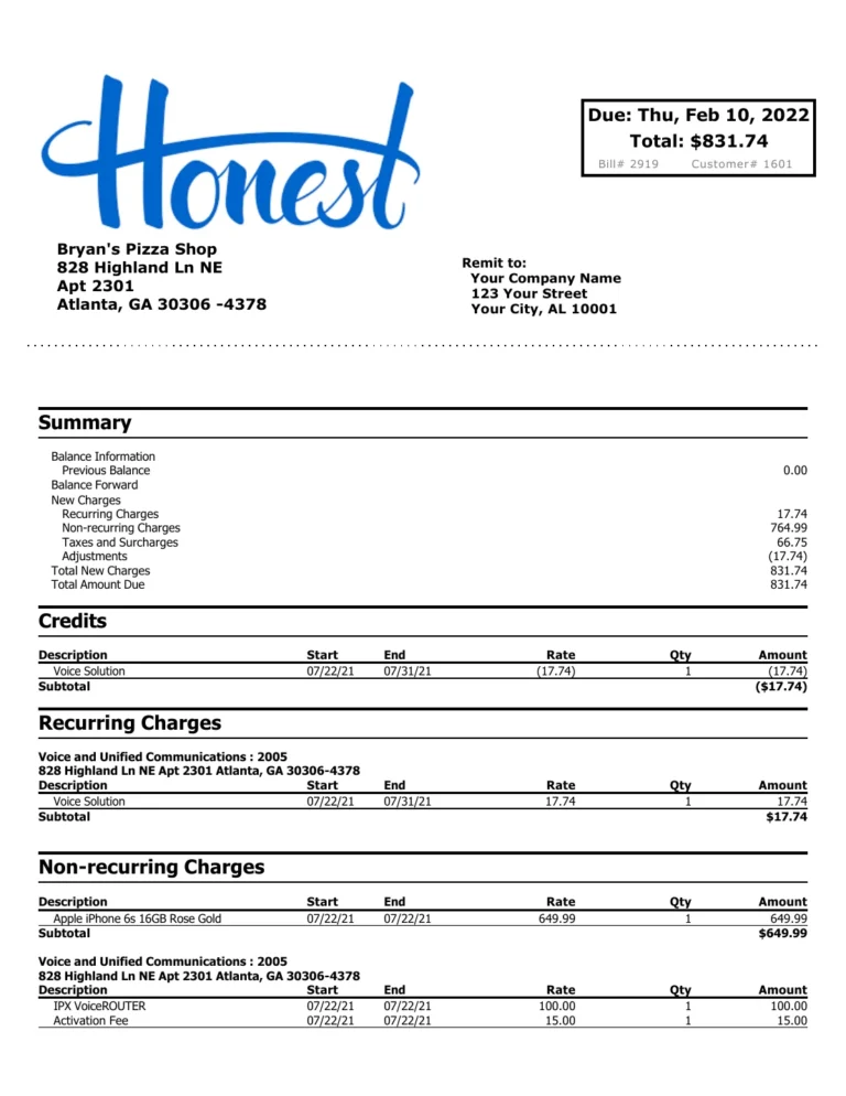 Sample Rev.io bill PDF with summary and recurring charges