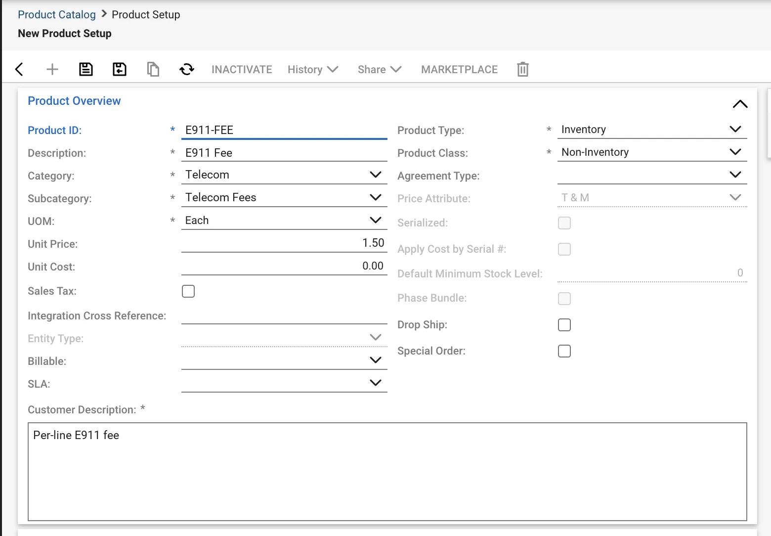 ConnectWise product catalog item with the Telecom Fees subcategory selected (sample data)