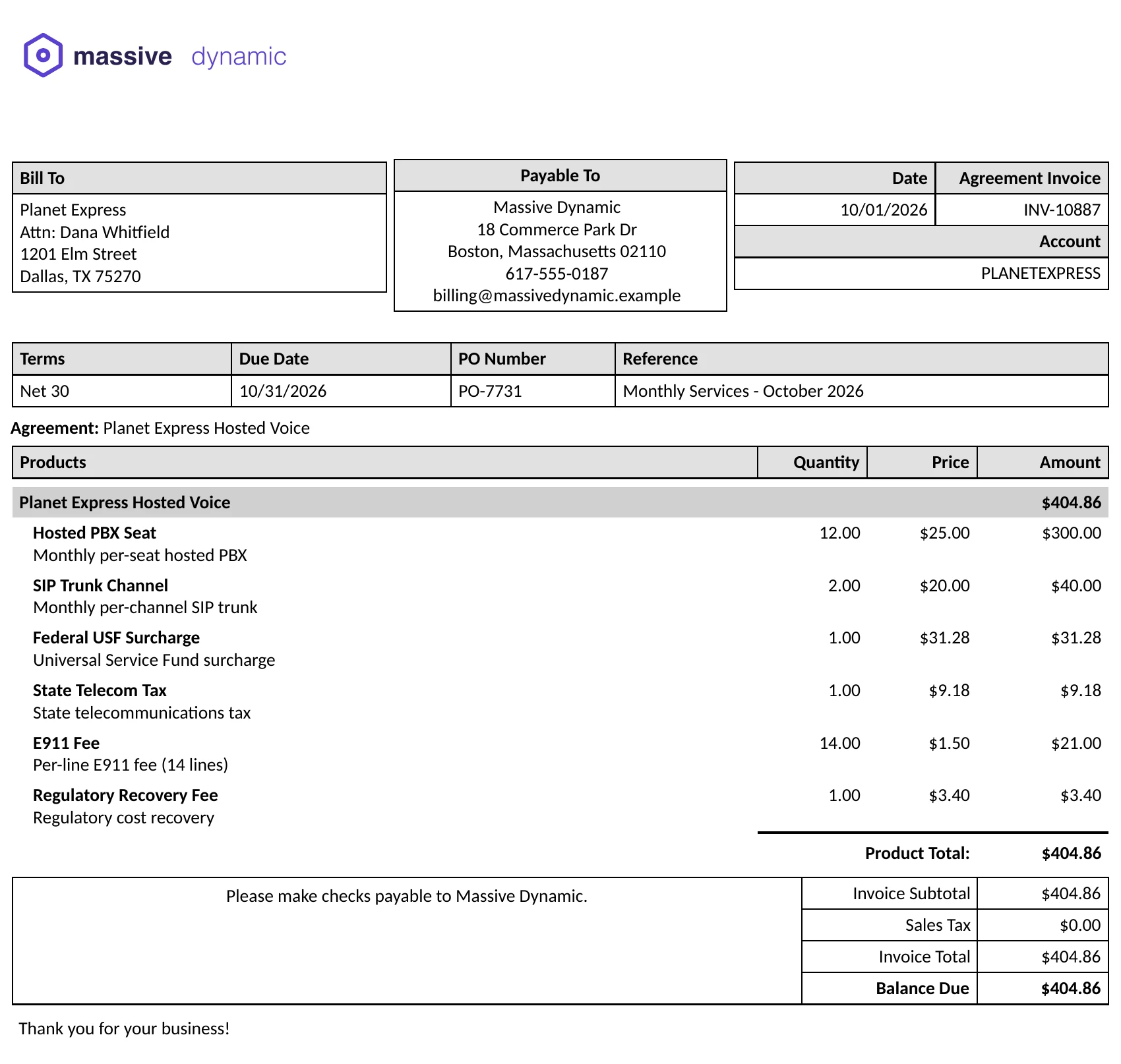 Telecom taxes and fees as ordinary lines on a ConnectWise invoice (sample data)