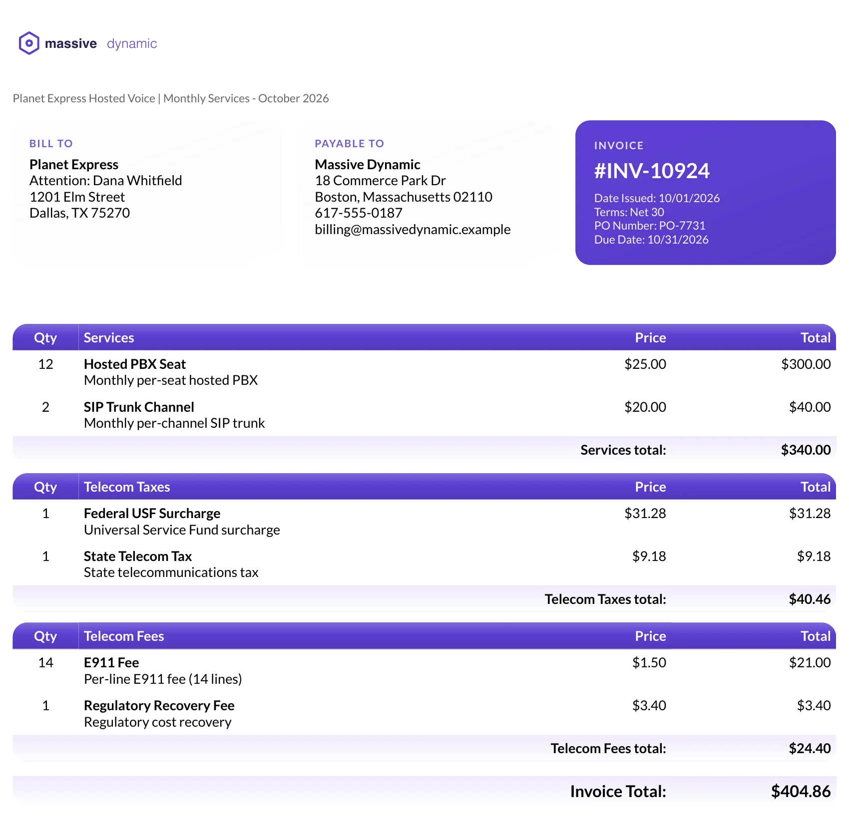 Invoice with Services, Telecom Taxes and Telecom Fees sections (sample data)